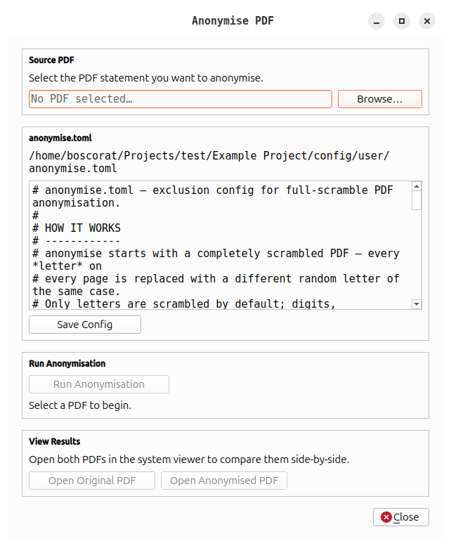 Anonymise dialog