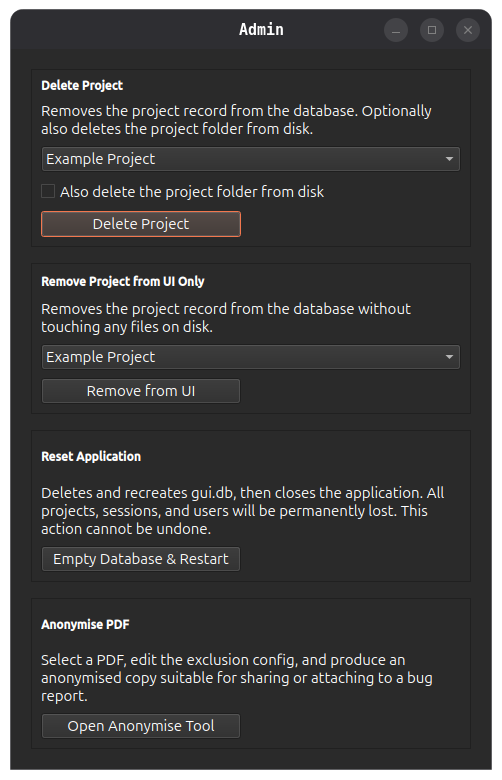 Admin dialog