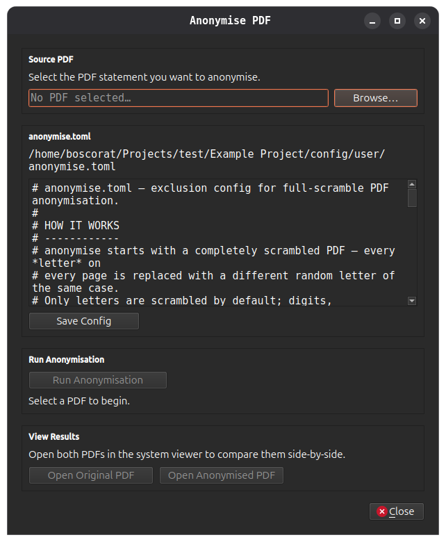 Anonymise dialog