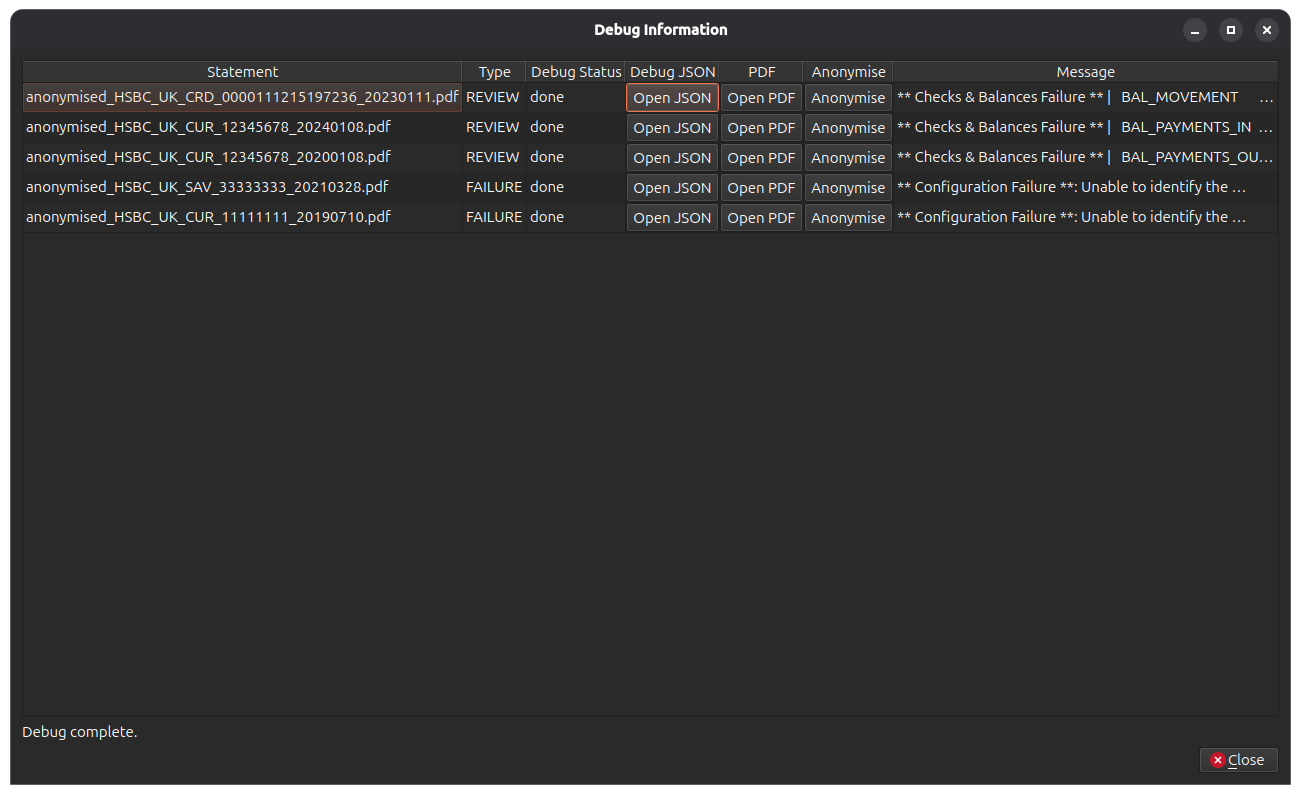 Debug info dialog