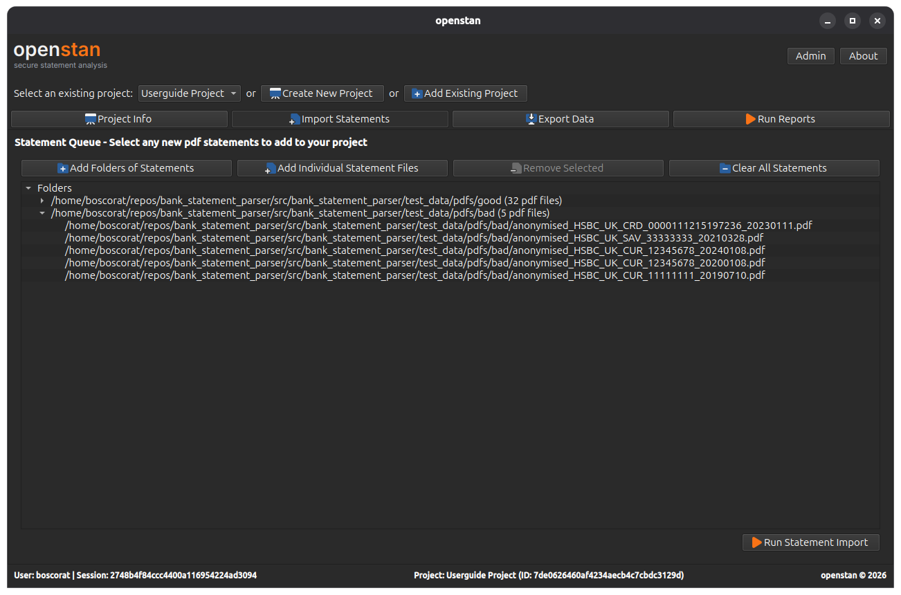 Import statements panel